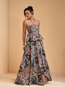 JIAN LASALA Áo maxi dáng chữ A rộng rãi, không tay, cổ yếm, buộc dây, in họa tiết toàn thân, kiểu boho dành cho nữ. - Nhiều màu - Xem 5
