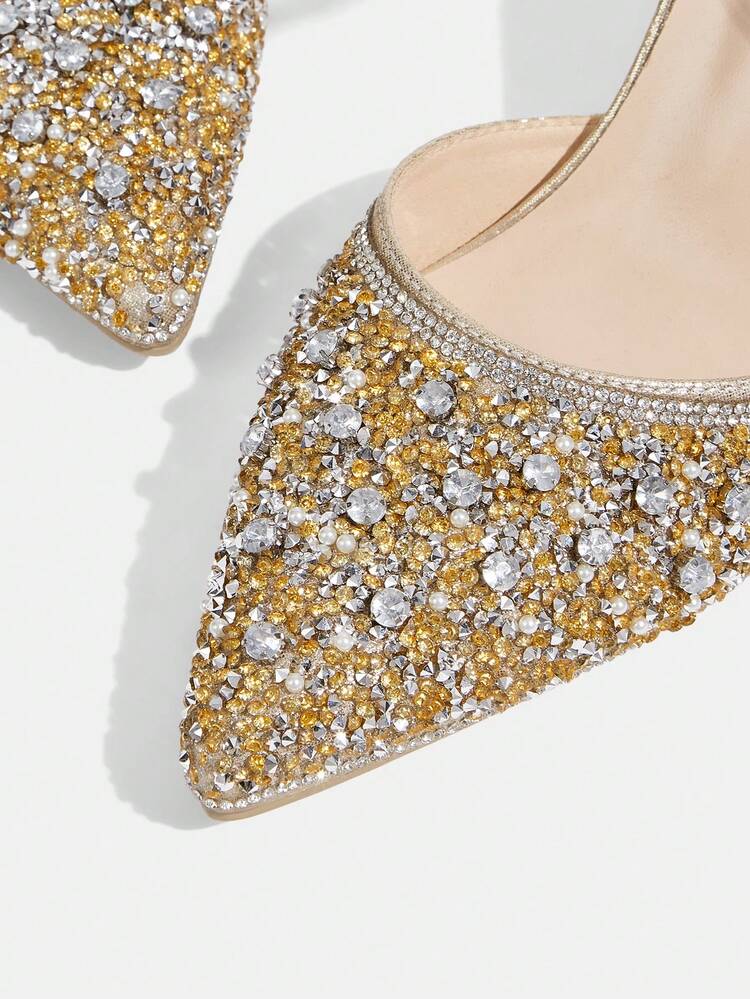 CUCCOO TILAWA Women Shoes Pointed Thin Heel Gold Rhinestone Ankle Strap Sexy Fashion Gorgeous Banquet Party Nightclub Women High Heel Shoes Hollow Shoes