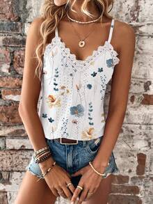 EMERY ROSE Women Elegant Textured Floral & Gray Print Lace Trim Camisole Top - Multicolor - View 4