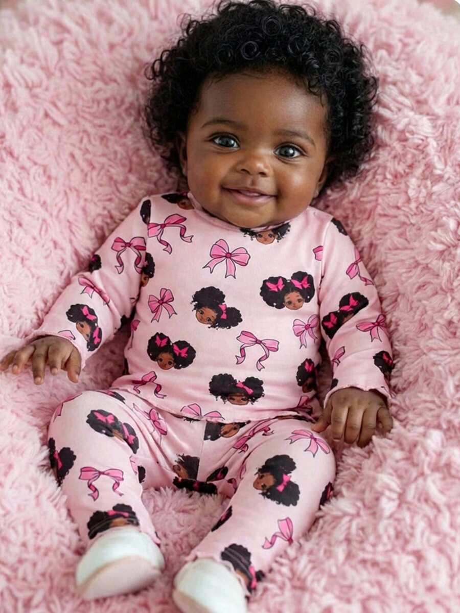 SHEIN Newborn Baby Girl Outfit With Bow, Graphic Patchwork, Casual Style - Multicolor - View 1