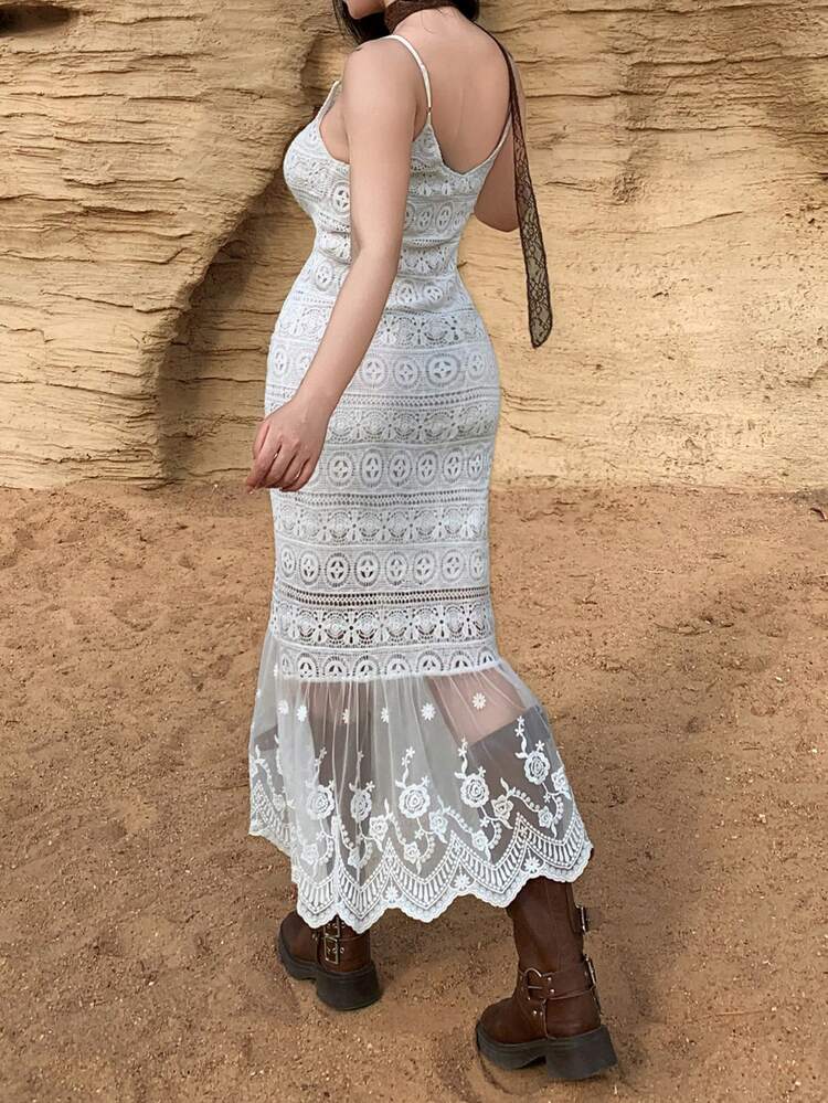 Women's Elegant Lace Patchwork White Spaghetti Strap Mid-Length Dress, Summer,Wedding Guest Dress Women Sundress Boho