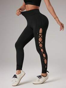 Slayform Yoga-/Indoorsport Damenhosen mit Bindedetail - Schwarz - Übersicht 4