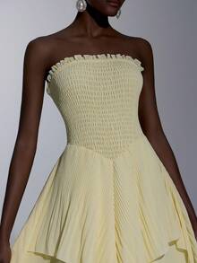 Elitara Vestido de gasa con hombros descubiertos, plisado y fruncido en el bajo, elegante y romántico, adecuado para festivales, bodas, galas, conciertos, eventos de negocios y ocasiones de influencers en redes sociales - Amarillo claro - Ver 4