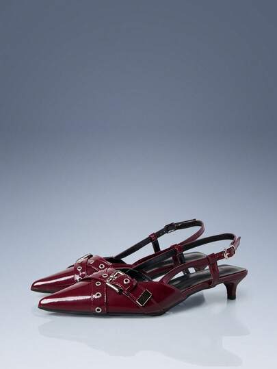 CUCCOO GRLICON 酒红色漆皮尖头无后跟金属扣细高跟通勤鞋