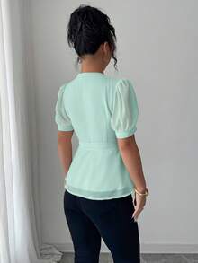 Elenzga Áo kiểu nữ thanh lịch cổ tròn tay phồng thắt eo nơ dáng chữ A tối giản tay ngắn, thích hợp cho mùa xuân/hè. - Màu xanh Bạc hà - Xem 2