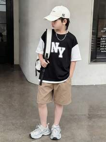 SHEIN 2pcs/Set Tween Boys' Casual Color Block Round Neck 2 In 1 Short Sleeve T-Shirt And Shorts Set, Suitable For Commuting, School, Daily Casual Wear, Sports, Spring/Summer - Black - View 6
