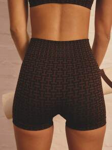 Aralina 两件套休闲服无缝图案嵌花运动春夏度假沙滩包边细节露脐绑带骑行短裤两件套巧克力色 - 彩色 - 查看 5