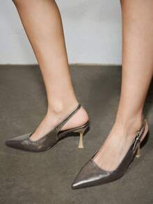 秋冬女士尖头高跟鞋，带绑带和后跟带，通勤风格，优雅，猫跟，派对鞋 - 銅色 - 查看 2