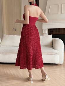 Feyla Vestido midi sin mangas de unicolor elegante con flores 3D para mujer - Rojo - Ver 3