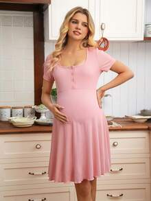 SHEIN Vestido de maternidad y lactancia casual de cuello redondo y unicolor para mujeres - Rosa - Ver 1