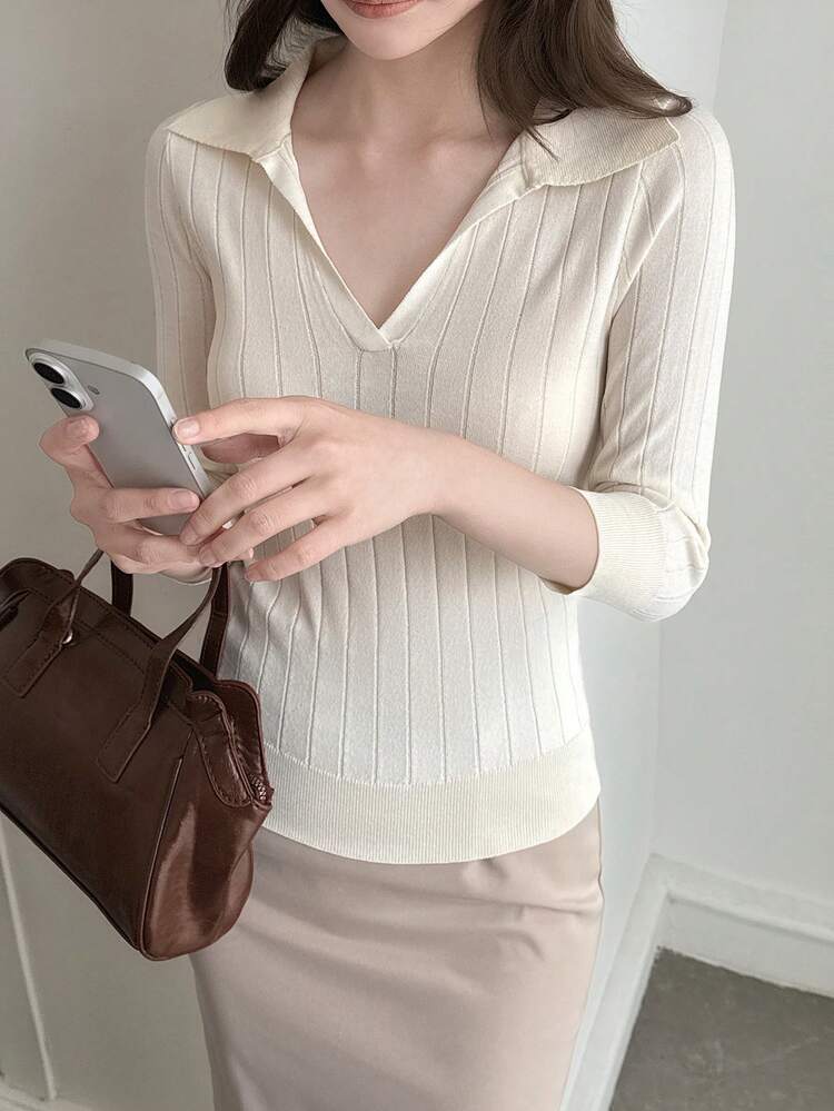 Niche Design Turndown Collar Fitted Mid-Sleeve Knit Sweater, Women's Fitted Knit Top