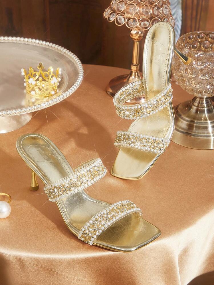 CUCCOO TILAWA Women Shoes Square Toe Slender Heel Gold Transparent Film Pearl Rhinestone Sexy Fashion Elegant Gorgeous Women's High Heel Sandals Slippers With Skirts Daily Versatile Banquet Party Women's Sandals