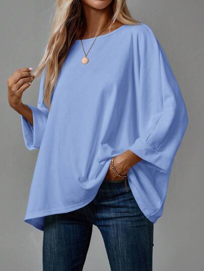 EMERY ROSE Plus Size Women's Loose Fit 3/4 Sleeve Blue T-Shirt,,Going Out Outfits,Fall Clothes For Women,Fall Outfits, New Clothes,Casual Everyday Wear,Spring/Summer/Vacation, Womens Blue Tops,Spring/Summer/Vacation,Commute, Daily Wear