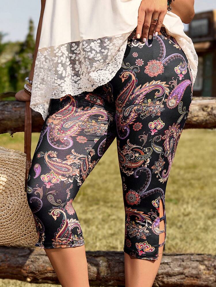 Plus Size Women Paisley Print Casual Leggings Printed Pants For Women Capri Pants For Women Boho Pants For Women Leggings For Women With Design Yoga Pants Yoga Trousers Legins Pants For Women Yogo Pants