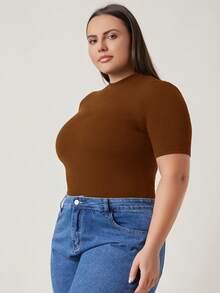 EMERY ROSE Plus Size Women's Solid Color Fitted Casual Daily Short Sleeve T-Shirt - Brown - View 4