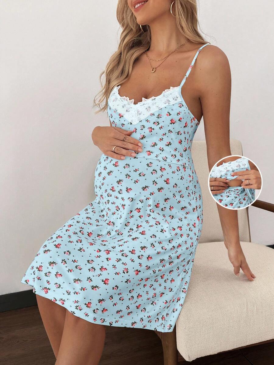 SHEIN Maternity Floral Contrast Lace Camisole Nursing Dress - Baby Blue - View 1