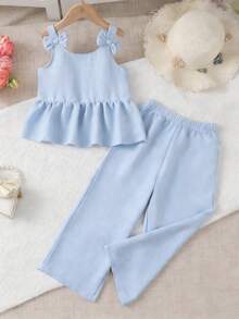 SHEIN Genkimix Kids 女童吊带上衣和阔腿裤套装（2件套），浅蓝色上衣搭配喇叭裤，蝴蝶结荷叶边下摆，时尚舒适，适合休闲、工作、派对和度假穿着。 - 藍色 - 查看 4