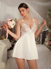 DelicateAllure Áo ngủ nữ, vải trắng phối ren trắng và nơ, thích hợp cho lễ hội âm nhạc, kỳ nghỉ, tiệc tùng, phong cách thanh lịch. - trắng - Xem 1