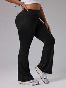 Rhythm Era Plus Size Women Solid High Waist Pockets Flared Sports Leggings - Black - View 4