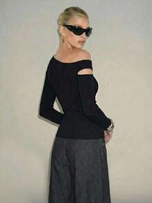 Femmeiva Women's Sexy Chic Cutout One-Shoulder Blouse, Black T-Shirt, Metal Button - Black - View 2