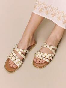 Styleloop 铆钉罗马凉鞋 女士春夏新款波西米亚风编织交叉带旅行女鞋 夏季度假、海滩休闲 - 米色 - 查看 5