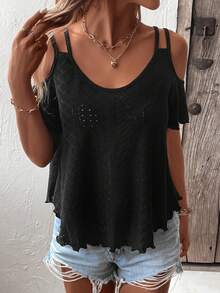 Calvaya Women's Solid Color Off-Shoulder Casual Versatile Daily Wear T-Shirt - Black - View 3