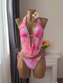 Bellisia 女士最新时尚潮流粉色甜美沙滩装，垂领沙滩连衣裙，三角包，荷叶边不规则层叠蛋糕裙泳衣三件套，春夏秋三季 - 彩色 - 查看 5