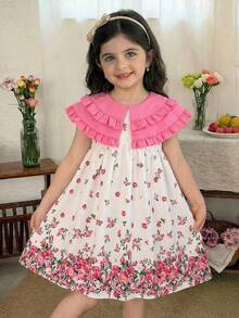 SHEIN LMoss Kids 女童碎花彼得潘领修身连衣裙，适合假日穿着；女童/女婴优雅可爱撞色碎花宽松连衣裙，配蝴蝶结领；春夏薰衣草色女童连衣裙；淡紫色童装连衣裙；紫色碎花连衣裙；女童茶会连衣裙；田园风女童连衣裙；可爱女婴薰衣草印花连衣裙，饰有大蝴蝶结和荷叶边袖子，是春夏活动的完美之选。 - 粉色 - 查看 4