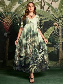 Rosumi Women's Plus Size Light Green Tropical Print Casual Vacation Dress,Boho Floral Summer Beach Holiday Outfit,Spring Resort Wear Peplum Country Concert - Multicolor - View 2