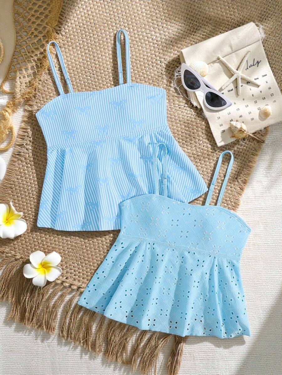 SHEIN 2pcs/Set Tween Girl Bowknot Print Top With Ruffle Hem,Jacquard Fabric Skirt,Blue White Striped Summer Cute Beach Holiday Resort Wear - Multicolor - View 1