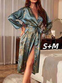 Bộ áo choàng và đồ ngủ bằng lụa satin, đồ mặc nhà thanh lịch dành cho nữ, đồ ngủ cổ chữ V, kimono mềm mại, váy ngủ, quà tặng Valentine, đồ mặc nhà mùa xuân sang trọng, thoải mái và gợi cảm. - Màu xanh lá cây đậm - Xem 9