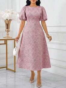 SHEIN Lady Women's Jacquard Round Neck Short Petal Sleeve Midi Dress Brocade Jacquard Dress Belle Elegant Dress French Style Dress Elegant Midi Dress Puffy Sleeve Dress - Dusty Pink - View 5