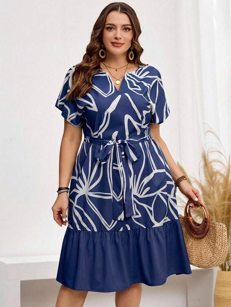 Plus Size Women V-Neck Ruched Waist Tie Design Casual Party Dress Summer Dress  Summer Outfits Summer Clothes Spring Dress Spring Outfit Women Spring Clothing Country Style For Women Country Dress For Women Vacation Outfits Women