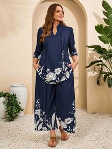 EMERY ROSE Conjunto de 2 piezas de camisa y pantalón de talla grande con estampado floral en azul marino - Azul Marino - Ver 6