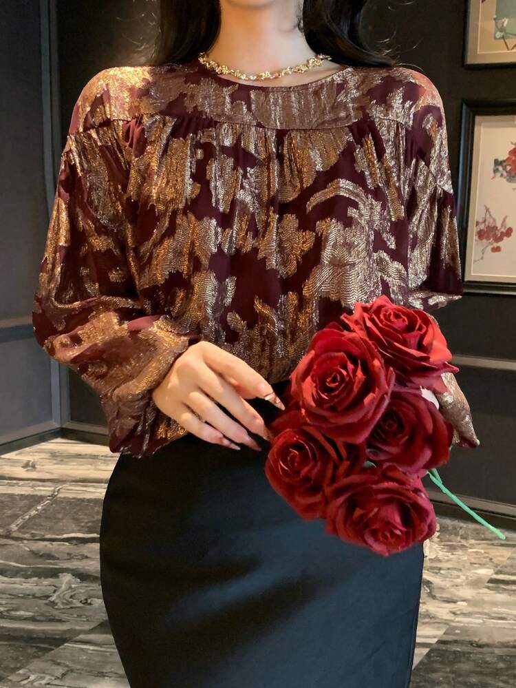 Women's Elegant Floral Print Round Neck Blouse, Spring/Summer,Wedding Guest Dress Women