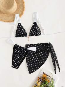 Bonvoyette Conjunto de traje de baño de 3 piezas para mujer, con parte superior tipo tankini, tirantes anchos, estampado de lunares en blanco y negro, y volantes en el bajo, ideal para vacaciones de verano en la playa, elegante y moderno, lanzamiento 2026 - Blanco y Negro - Ver 3