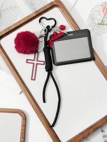 ROMWE Kawaii 1款甜美酷炫辣妹风个性化时尚单品，复古暗黑风，哥特风，酒红色毛球，镂空十字架，树脂材质，草莓手工登山绳，织带蝴蝶结装饰，黑色亚克力横滑卡套，校园卡套，星卡旅行卡套，交通卡套，DIY钥匙扣配件，包包挂件，适合上班族、学生、派对爱好者、日常佩戴、节日礼物 - 黑色-109 - 查看 8