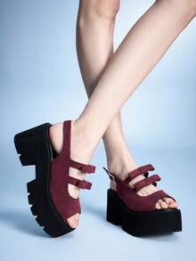 Sugerpunk Women's Punk Style Y2K Casual Streetwear Hollow Out Suede Platform Wedge Sandals, Gothic Retro Bowknot Heel Crystal Buckle Strap Design Roman Gladiator Chunky Heel Peep Toe Party Nightclub Festival Comfortable Slip-On Shoes 2000s Style Summer Shoes Y2K - Burgundy - View 2