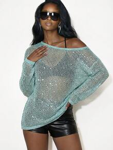 Femmeiva Sequins Hollow-Out Knit Sheer Pullover Sweater For Women, Music Festival - Mint Blue - View 5