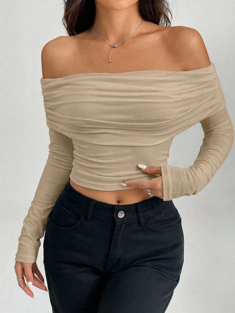 SHEIN Cottnline Women's Y2K Solid Color Ruched Off-Shoulder Long Sleeve Cropped Fitted Fashionable T-Shirt - Beige - View 1
