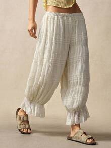 Bohemela Quần ống rộng dệt màu trơn phong cách Boho cho nữ, quần bloomer kiểu Bohemian mùa hè. - Màu be - Xem 3
