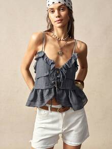 Bohemela Women's Summer Leisure Vacation Romantic Elegance French Beach Bohemian Country Music Festival Sexy Retro Striped Ruffle Patchwork Details Camisole,Free And Relaxed Style Of Dressing,Fasching Women Costume,Beach Outfit,Summer Vacation Outfits - Grey - View 4