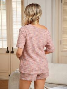 SHEIN Women's Knit Off Shoulder Top And Shorts Set, Casual Maternity Outfit - Pink - View 2