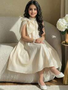 SHEIN Tween Girl Rhinestone Collar Sleeveless A-Line Dress,Oversized Bow Organza Decor Modest Formal Dress For Girls,Cream White,Summer,Elegant,Party - Apricot - View 8