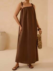 Vesra Vestido de tirantes finos sin espalda de unicolor casual para vacaciones - Marrón Mocha - Ver 3