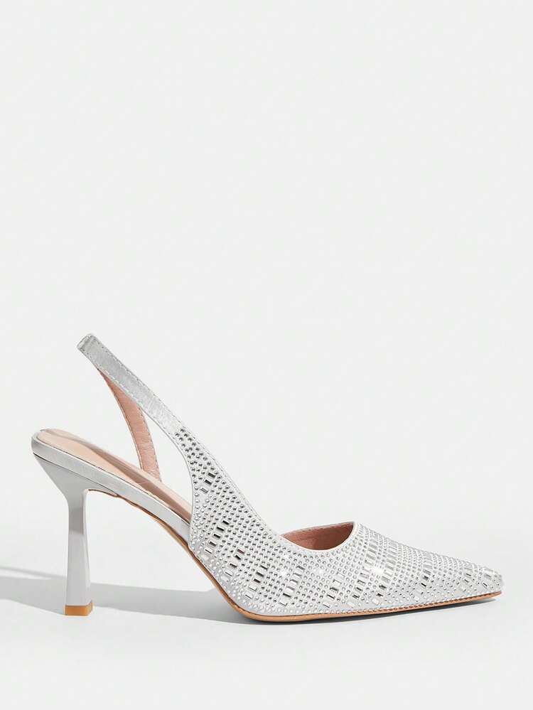 CUCCOO TILAWA Women Shoes Pointed Slender Heel Silver Rhinestone Gorgeous Fashion Party Banquet Wedding Simple Women's High Heel Shoes Slingback Women's Shoes