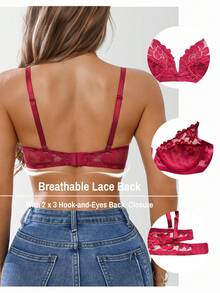 Conjunto de lingerie feminina romântica e elegante com renda e decote em V profundo, ideal para o Dia dos Namorados. - Vermelho - Ver 2
