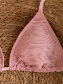 Swim Mod Bộ bikini 2 mảnh màu hồng, dây mảnh, kiểu cổ yếm, họa tiết gợn sóng hai bên, cạp cao, dành cho nữ, thích hợp cho mùa Xuân/Hè 2025. - Hồng - Xem 6