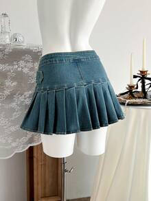 Elamini 女士休闲百褶牛仔裙，带孔眼扣设计 - 藍色 - 查看 2