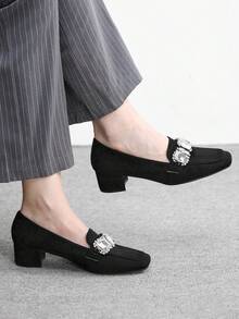 CUCCOO BIZCHIC Women's New Thick Heel Loafers, Fashionable Suede Rhinestone Decor Square Toe Shoes - Black - View 8